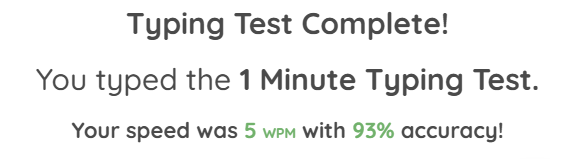 Typing test results from Morse Kodeboard - 5 words per minute, 93% accuracy