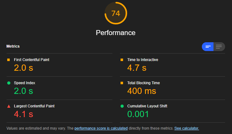 The Lighthouse report for the NextJS blog in "mobile" mode