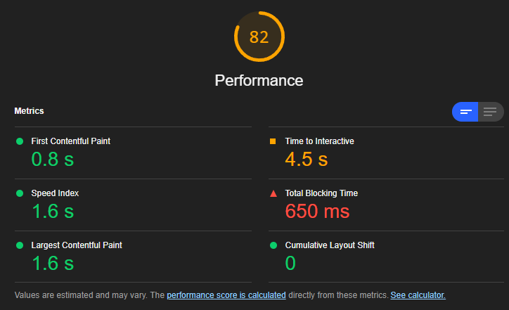 The Lighthouse report in "mobile" mode after trying a few different tweaks to bundle size